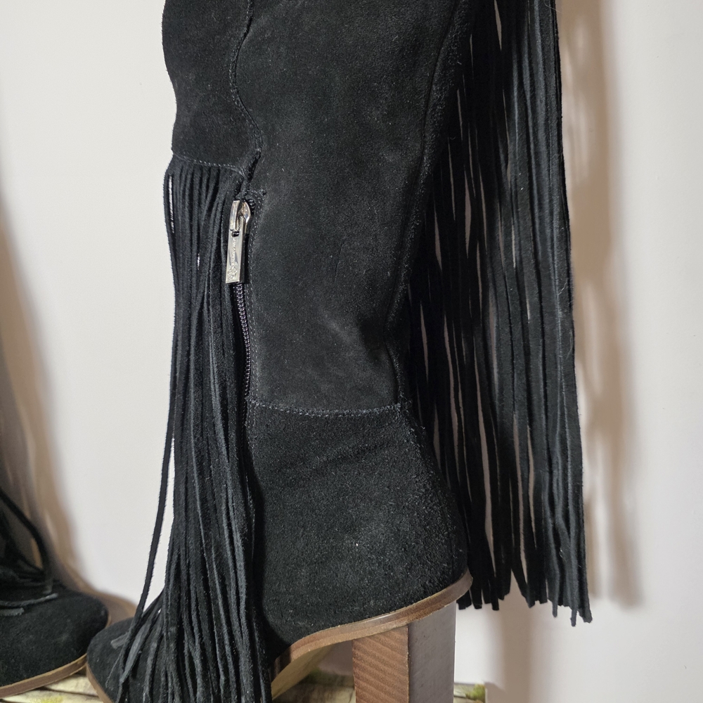 Jessica Simpson Asire Black Suede Fringe Knee High Boots 7.5 Block Heel Western - Picture 2 of 14